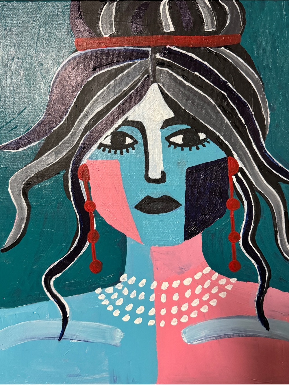 Original Abstract Portrait Painting in Teal, Pink & Black
